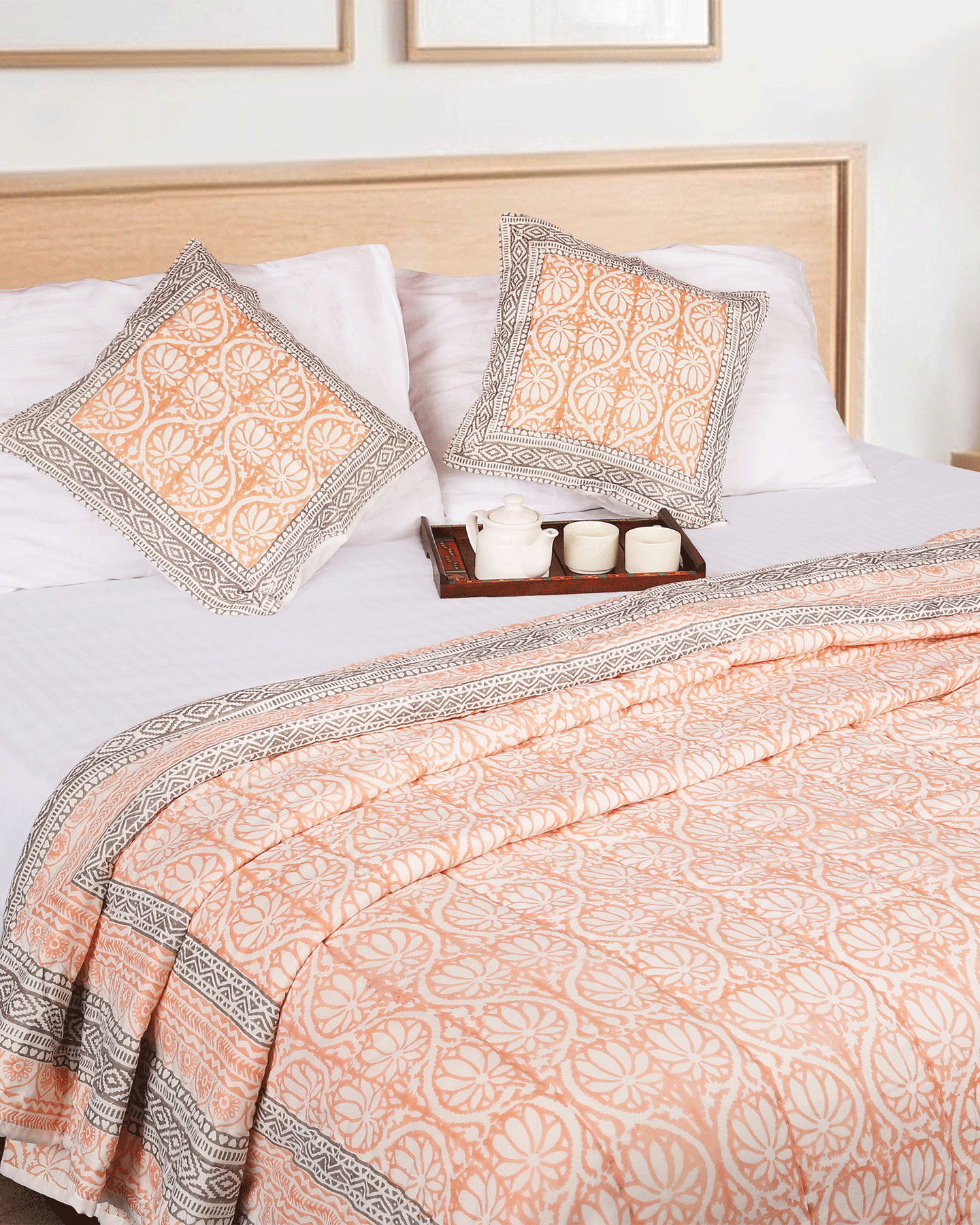 Orange Hand Block Printed Reversible Double Bed Hand Quilting Quilt Set